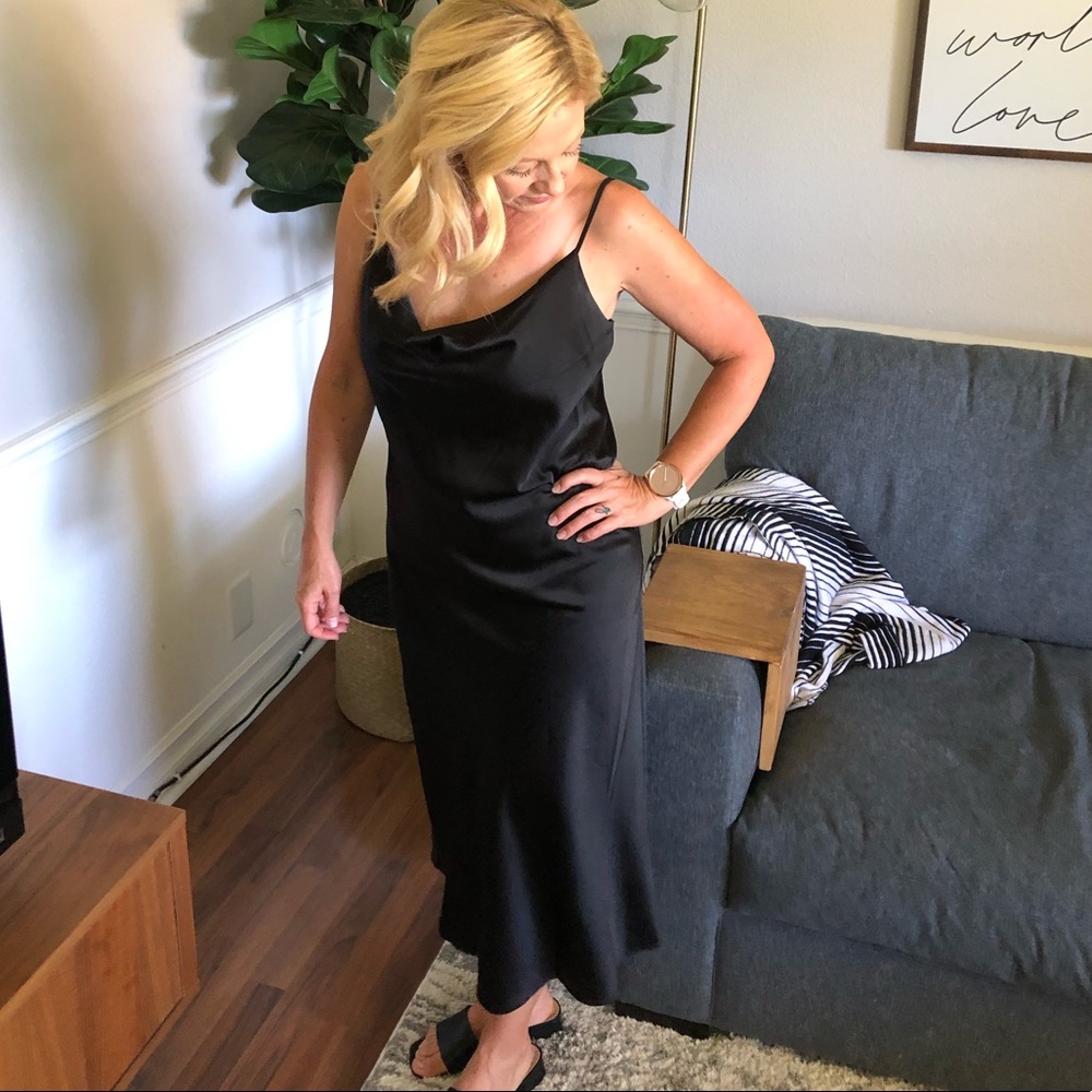 Cowl Neck Cami Slip Dress Midi in black